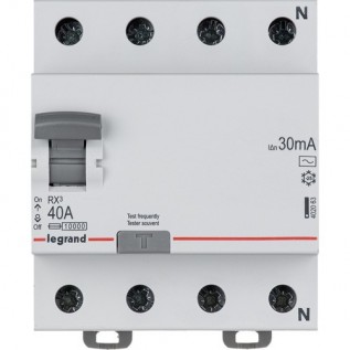Выключатель дифференциального тока (УЗО) RX³, 4 полюса, 40А, тип - AC, 30 мА 402063 Legrand