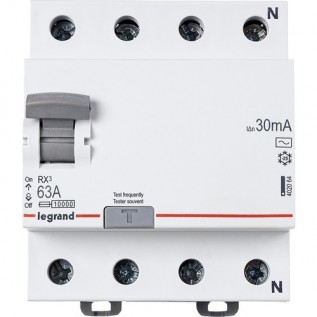 Выключатель дифференциального тока (УЗО) RX³, 4 полюса, 63А, тип - AC, 30 мА 402064 Legrand