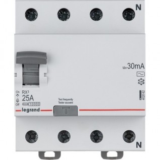 Выключатель дифференциального тока (УЗО) RX³, 4 полюса, 25А, тип - AC, 30 мА 402062 Legrand