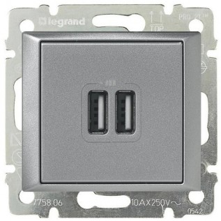 Розетка USB, 1.5A Valena, USB type-A 5V, двойная, цвет алюминий 770270 Legrand