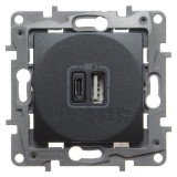Розетка USB type-С+type-А, 3.0A Etika, USB type-C 5V, USB type-A 5V, двойная, цвет антрацит 672636 Legrand