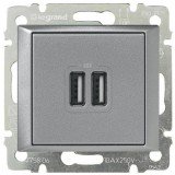 Розетка USB, 1.5A Valena, USB type-A 5V, двойная, цвет алюминий 770270 Legrand